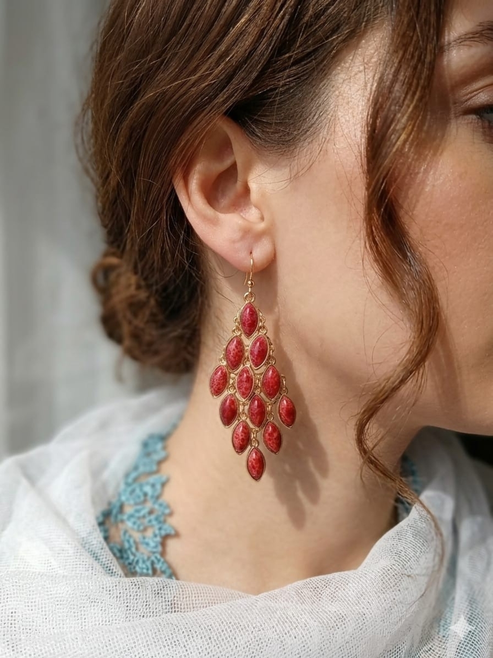 Elegant Gold-Tone Red Teardrop Chandelier Earrings - Women Jewelry